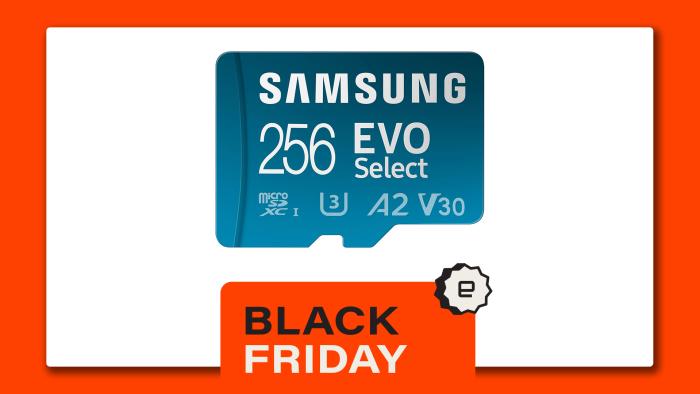 A blue Samsung Evo Select microSD sits on a white background. 